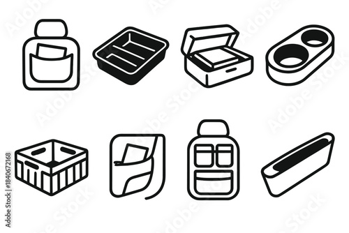 Vehicle Organizer Icons. Interior Vehicle Organization Set linear set: seat-back pocket, console tray insert, glovebox tile, cupholder module, trunk crate, door pocket tile,
