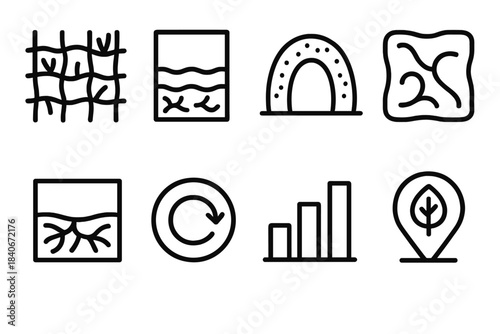 Fungal Filament Icons. Myco-Material Framework linear set: fungal filament grid, bio-laminate panel, mycelial binding arc, organic form tile, hypha-strengthened layer, renewable