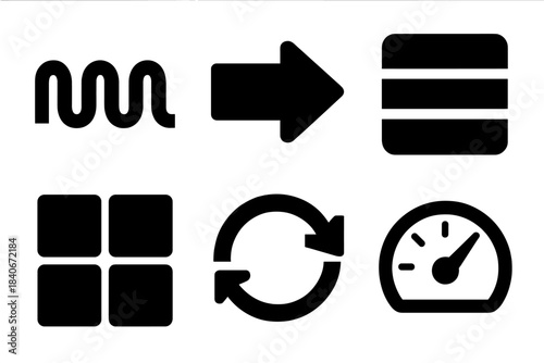 Mental Framework Icons. Mental Continuity Frameworks silhouette set: uninterrupted reasoning trail, seamless transition arrow, coherence band, steady cognition tile, clarity loop