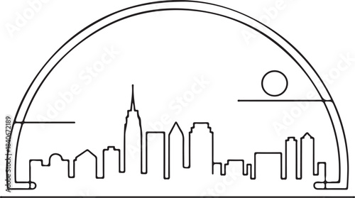 Continuous Line Art Skyline Contained Inside a Semicircle Frame in Minimal Contour Outline Style