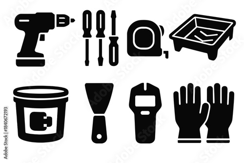 Renovation Tools Icons. Renovation Tool Set silhouette set: cordless drill icon, screwdriver pack, measuring tape, paint tray, wall patch putty, scraper tool, stud finder,