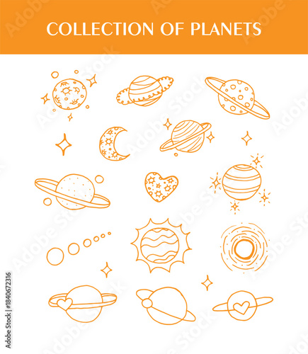 Linear collection of Planets illustration doodle icon on a white background