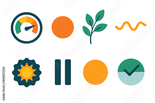 Rejuvenation Icon Set. Renewal-Oriented Living Set flat set: inner-refuel gauge, reset moment dot, rejuvenation leaf sprig, gentle energy line, clarity renewal badge, uplifting