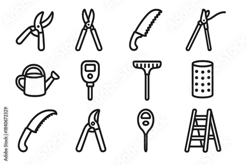 Tree Care Tools. Tree Upkeep Equipment linear set: trimming shears, branch lopper, serrated saw, long-reach pruner, watering bottle, soil meter, mulch rake, root saw, tree