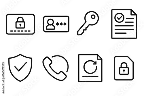 Security Recovery Icons. Access recovery materials linear set: recovery card, backup credential slip, unlock key icon, confirmation document, security seal, support hotline icon,