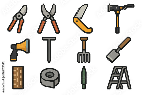Arborist Tools Icons. Arborist Tool Set set of icons in flat pixel vector style: pruning snips, branch cutter, folding saw, extendable pruner, hose nozzle, soil probe, mulch fork,