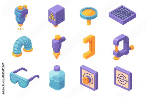 Colorful Laser Tool Icons. Laser Cutting Tools flat isometric set: CO₂ laser head, diode laser module, focusing lens, honeycomb bed tray, exhaust vent hose, air-assist nozzle,