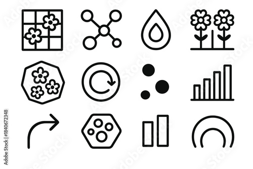 Pollination Icons. Ecosystem Pollination Models linear set: nectar patch tile, pollinator path node, pollen drop marker, bloom synchrony bar, habitat cluster plate, foraging loop