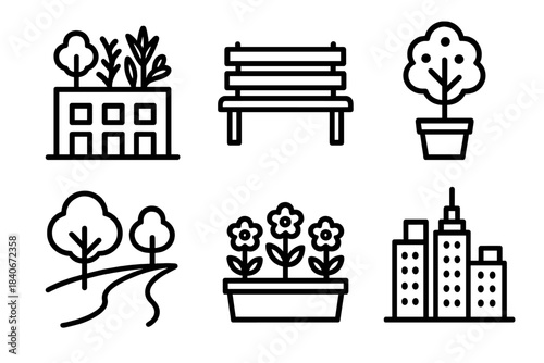 Urban Green Spaces. Urban Green Spaces linear set: rooftop garden, park bench, potted tree, walking path, flower bed, city skyline.