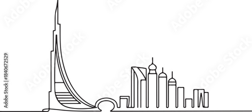 Continuous Line Art Sharjah Skyline with Minimal Curve in Simple Contour Outline Style