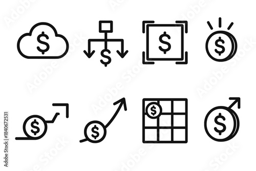 Financial Decision Icons. Creative Financial Decision Icons linear set: concept cloud, branching arrows, structured frame, highlight beam, planning stroke, dynamic arc, model grid,