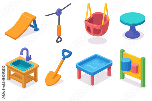Colorful Kids Play Set. Kids Outdoor Activity Set flat isometric set: scooter ramp, mini zipline handle, bucket swing, wobble platform, garden play sink, digging shovel, water play