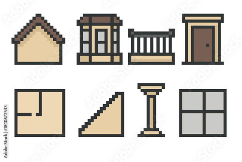 Home Design Icons. Home Architecture Set set of icons in flat pixel vector style: pitched roof, bay window, balcony rail, main doorway, interior layout map, stair outline, column