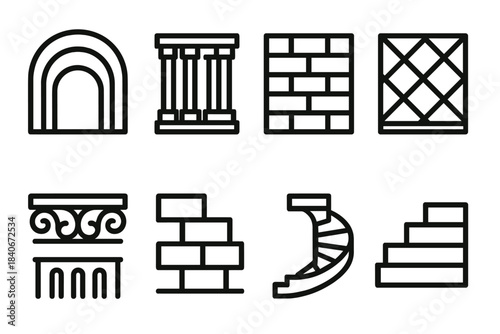 Architectural Icon Symphony. Classic Architectural Patterns linear set: arch ring sequence, pillar rhythm line, brick bond layout, crossbeam lattice, sculpted trim band, staggered