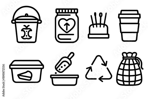 Sustainable Waste Icons. Sustainable waste habits linear set: compost pail, upcycled jar, repair needle kit, reusable cup, leftover container, bulk dispenser scoop, sorting arrows