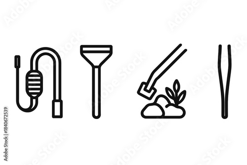 Aquarium Maintenance Tools. Home Aquarium Tools linear set: siphon hose, glass scraper, decor placement tongs.