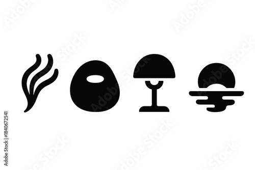 Brutalist Icon Set. Calm Living Cadence silhouette set: breathing plume, soft task pebble, evening glow lamp.