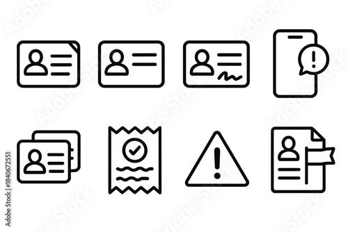 Fraud Detection Icons. Suspicious Identity Indicators linear set: altered ID corner, uneven text field, irregular signature, unknown device alert, duplicate entry icon, strange