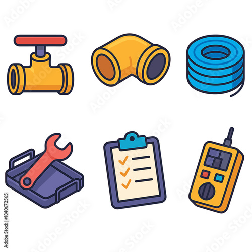 Infrastructure Tools Icons. Infrastructure Support Items isometric flat set: valve handle, pipe fitting, wire coil, breaker tester, service tray, maintenance checklist.