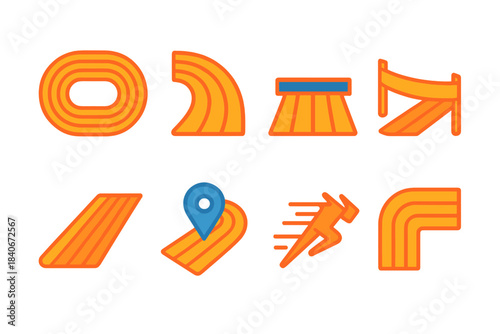 Athletic Track Icons. Athletic Track Icons isometric flat set: lane outline, curve apex, start line bar, finish tape, track gradient strip, checkpoint marker, sprint burst, track