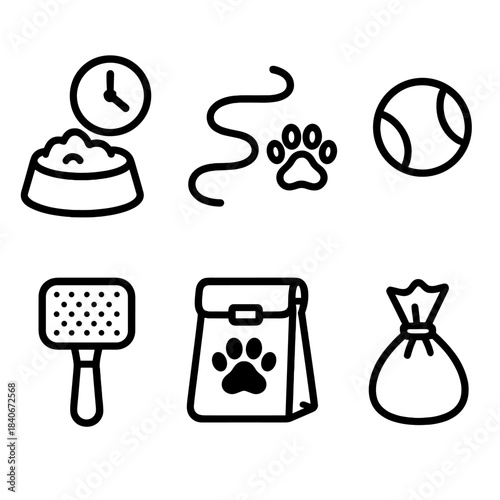 Pet Care Icons. Pet Care Routine linear set: feeding schedule, walking path, playtime toy, brushing comb, treat pouch, cleanup bag.