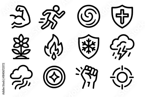 Hero Ability Icons. Hero Ability Icons linear set: might symbol, swift step, arcane charge, defense aura, life bloom, fire uplift, frost guard, storm infusion, stealth mist, fate