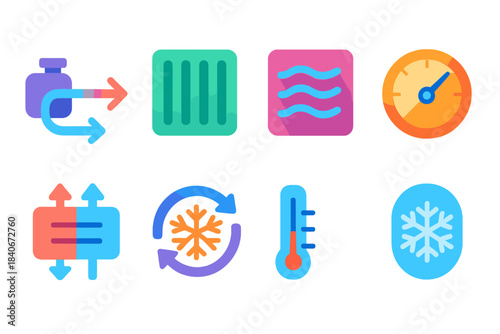 Modern Cooling Icons. Active Cooling Modes flat set: pump-driven coolant arrow, radiator grid tile, airflow vent path, thermal regulation dial, heat-exchange chamber, cooling cycle