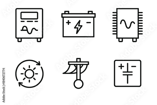 Renewable Energy Icons. Renewable Grid Integration linear set: inverter module, storage battery, power smoothing device, grid coupling point, renewable flow indicator, reactive