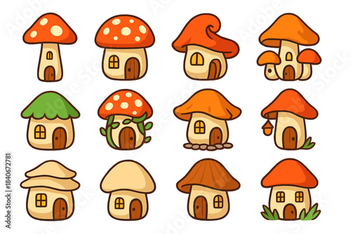Whimsical Mushroom Homes. Whimsical Mushroom Abodes isometric flat set: tall toadstool home, spotted-cap cottage, curled-gill dwelling, luminous window spores, moss-tuft roof, vine