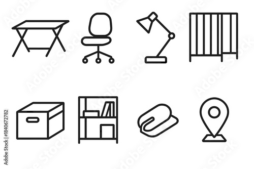 Modular Office Icons. Modular Work Layout linear set: folding desk, caster chair, stackable box, angled lamp, sliding divider, compact shelf, cord clip, zone indicator.