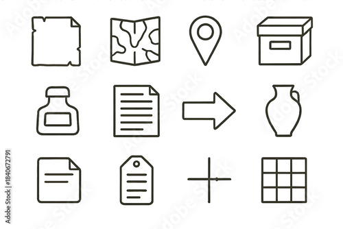 Historical Inquiry Icons. Past Inquiry Themes linear set: aged paper, map corner, clue marker, archival box, ink bottle, reference list, discovery arrow, artifact outline, note