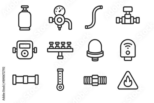 Gas Equipment Icons. Gas Supply Equipment linear set: gas cylinder, pressure regulator, supply hose, shutoff valve, gas meter, manifold block, safety cap, detector sensor, pipeline