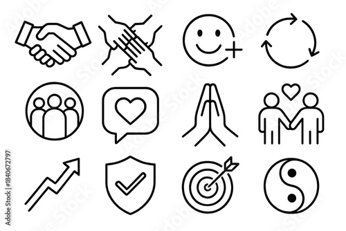 Collaborative Icon Set. Constructive Social Set linear set: greeting gesture, collaborative hands, positive vibe icon, teamwork loop, community circle, kind speech bubble, empathy