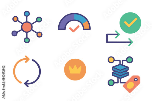 Decentralized Network Icons. Autonomous governance networks flat set: decentralized node cluster, consensus arc tile, decision pathway bar, validation node, protocol loop,