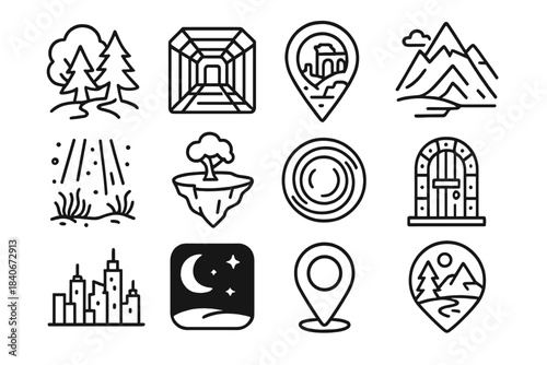 Fantasy Icons Collection. Virtual Worlds & Environments linear set: fantasy forest icon, sci-fi corridor, desert ruin marker, snowy peak, underwater light beams, floating island,