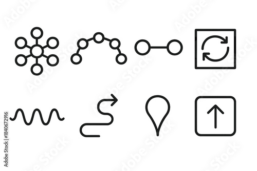 Abstract System Emergence Icons. System emergence motifs linear set: agent node cluster, pattern formation arc, interaction bar, feedback loop tile, signal wave, behavior path