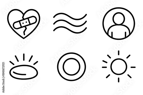 Icons of Emotional Healing. Emotional Recovery linear set: heart mend, soothing wave, comfort bubble, grounding stone, warm glow, resilience spark, gentle circle, uplift arrow.