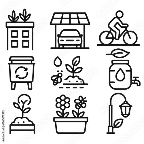 Sustainable City Icons. Sustainable City Features linear set: rooftop garden, solar canopy, green bike lane, rainwater barrel, urban compost bin, smart irrigation, pollinator