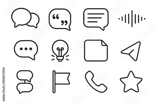 Digital Communication Icons. Digital Dialogue Set linear set: speech bubble pair, quote balloon, chat log, voice wave, talk indicator, idea spark bubble, context note, send arrow,