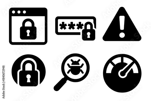 Bold Security Icons. Online Security Essentials silhouette set: secure browser tab, strong password symbol, warning alert tag, privacy lock, threat scan icon, security level dial.