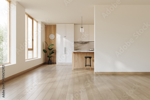 Blank, modern living space and kitchen area with natural light. Minimalist design ready for home staging, furnishing, or adding text. 3d Rendering