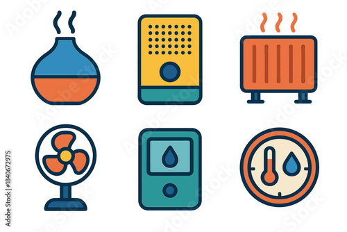 Modern Climate Devices. Comfort Climate Essentials flat set: aroma humidifier, compact purifier, thermal panel, circulation fan, moisture meter, climate balance gauge.