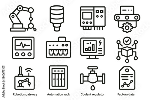Industrial Tech Icons. Industrial Tech Integration linear set: robotic arm node, machine sensor pack, PLC module, conveyor controller, diagnostics panel, industrial switch, energy