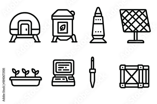 Planetary Outpost Icons. Regenerative planetary outposts linear set: living quarters unit, compost reactor, air filtration tower, light diffuser panel, hydroponic tray, data