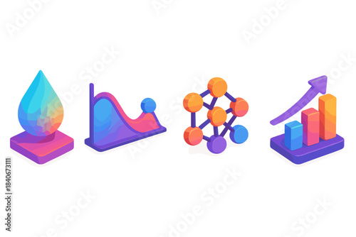 3D Model Training Icons. Model Training Dynamics flat isometric set: gradient-flow droplet, loss-curve node, parameter-update bar.