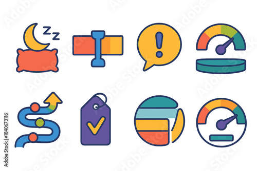 Burnout Prevention Icons. Burnout Prevention Strategies flat set: rest–recharge icon, workload boundary bar, mindful pause bubble, energy balance dial, stress-reduction path,