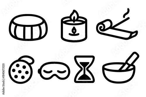 Mindfulness Icons Set. Mindfulness and relaxation tools silhouette set: meditation cushion, aromatherapy candle, yoga mat, incense holder, stress ball, eye mask, calming timer,