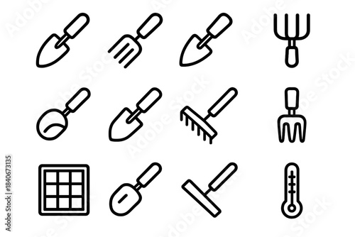 Gardening Tool Icons. Soil Conditioning Elements linear set: scoop trowel, narrow fork, garden hoe, multi-prong cultivator, soil ladle, dig spade, tine rake, hollow-tine aerator,
