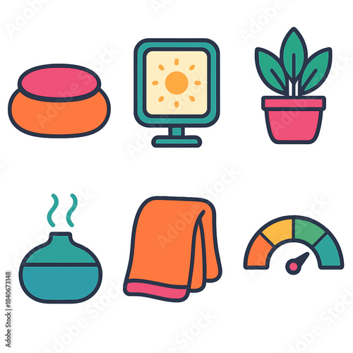 Wellbeing Home Icons. Wellbeing Home Zones flat set: meditation cushion, calm light panel, soothing plant pot, aroma mist icon, comfort blanket, serenity meter.
