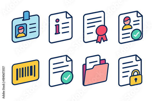 Identification Icons Set. Identification Document Symbols isometric flat set: credential card, info sheet, seal stamp, profile form, verification mark, coded label, filing paper,